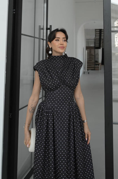 Polka dot Enid Waist-Fitted Padded Dresswith back neck tie