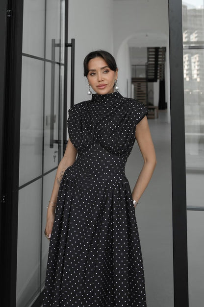Polka dot Enid Waist-Fitted Padded Dresswith back neck tie