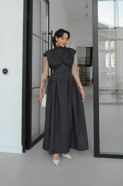 Polka dot Enid Waist-Fitted Padded Dresswith back neck tie