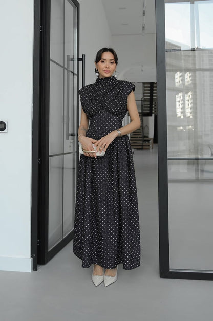 Polka dot Enid Waist-Fitted Padded Dresswith back neck tie