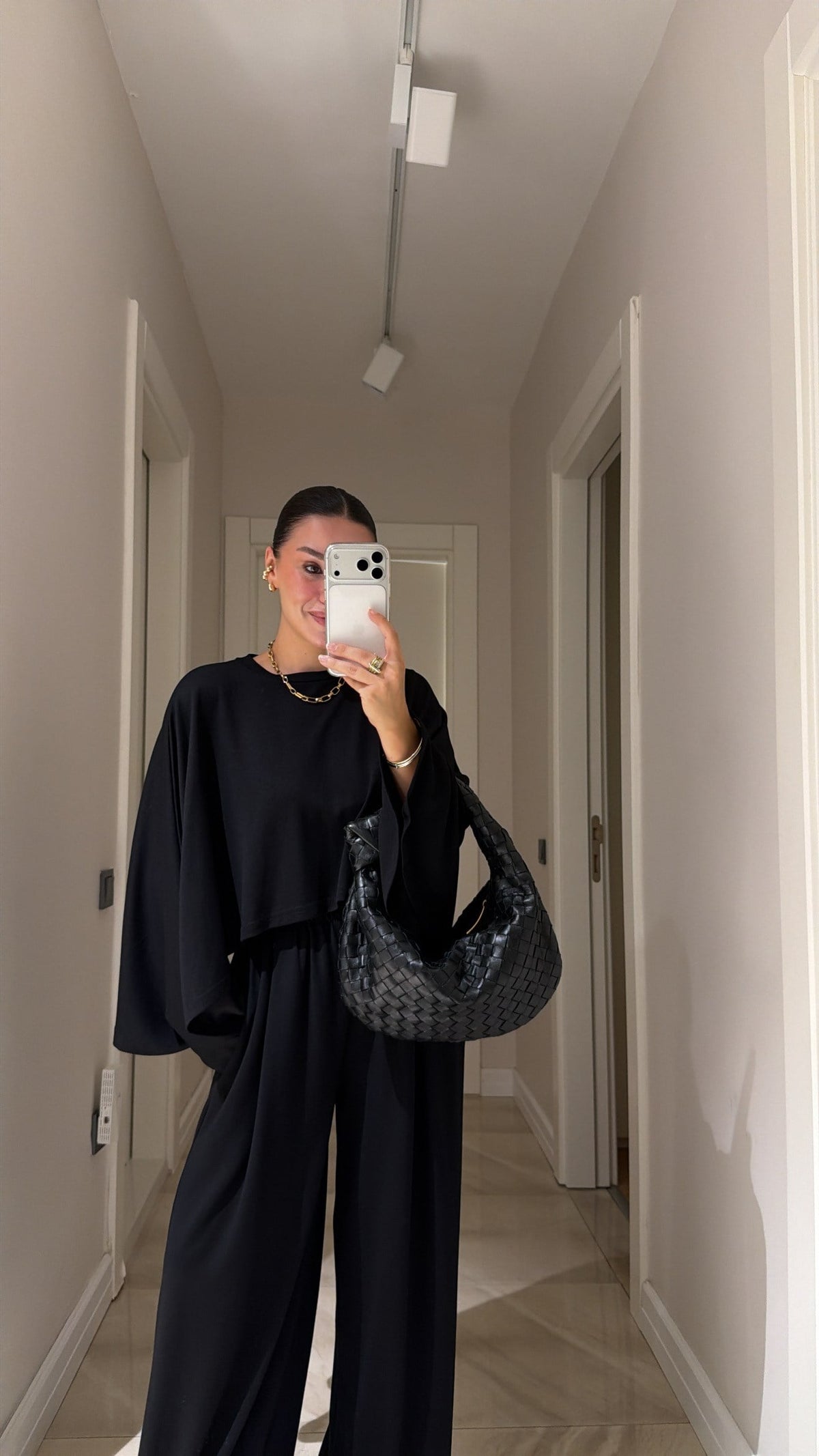 Cropped blouse Batwing Sleeve Detail Trousers Set - black