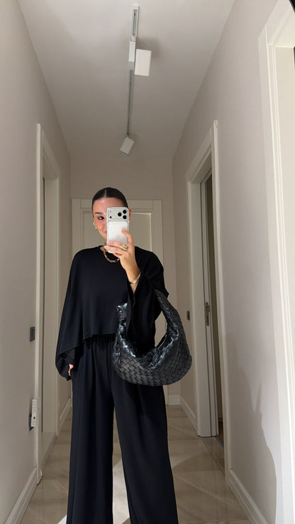 Cropped blouse Batwing Sleeve Detail Trousers Set - black