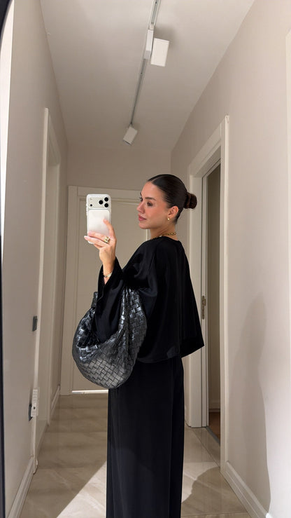 Cropped blouse Batwing Sleeve Detail Trousers Set - black