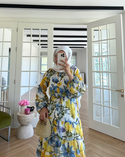 Printed belted voile dress