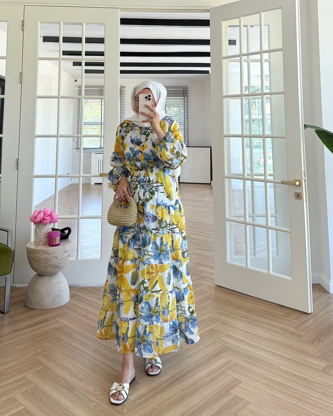 Printed belted voile dress