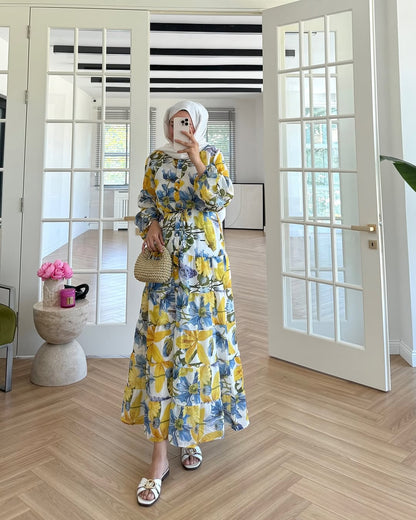 Printed belted voile dress