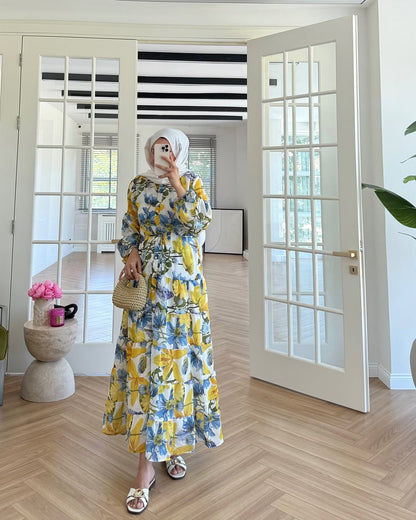 Printed belted voile dress