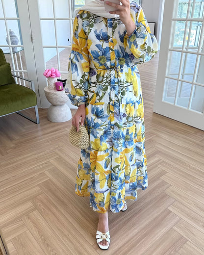 Printed belted voile dress