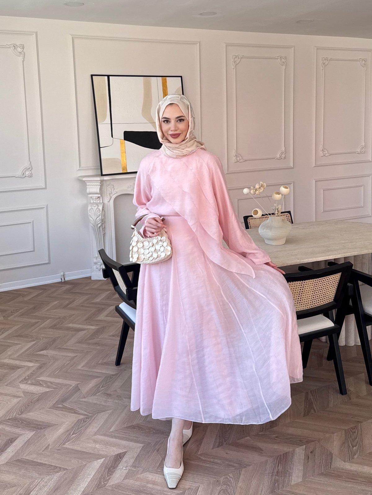 Layered blouse with maxi skirt, fully lined set - pink