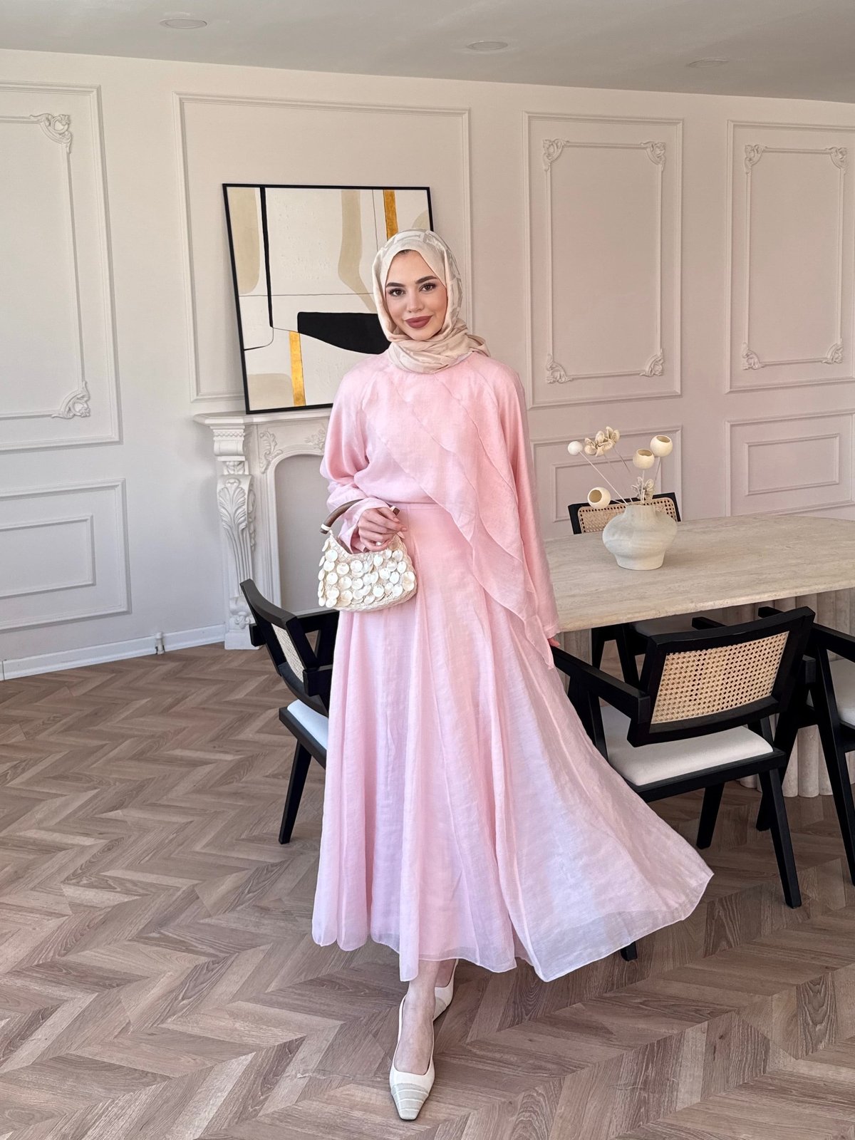 Layered blouse with maxi skirt, fully lined set - pink