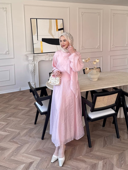 Layered blouse with maxi skirt, fully lined set - pink