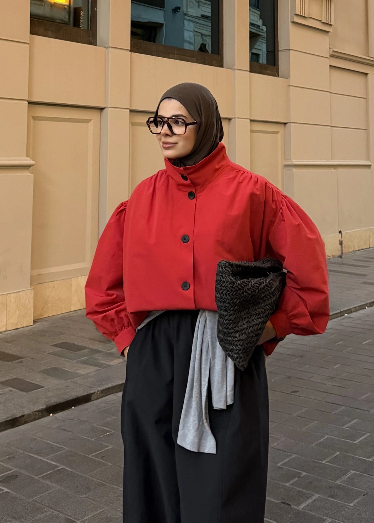 Gathered Stand-Up Collar Bomber Jacket - red