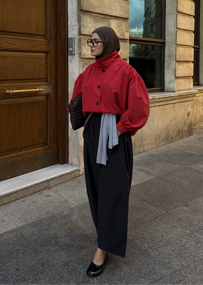 Gathered Stand-Up Collar Bomber Jacket - red