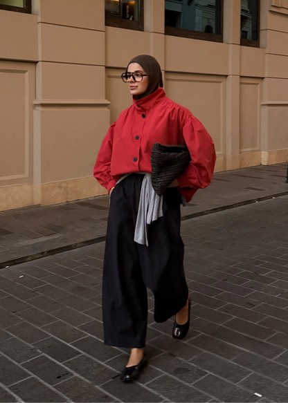 Gathered Stand-Up Collar Bomber Jacket - red