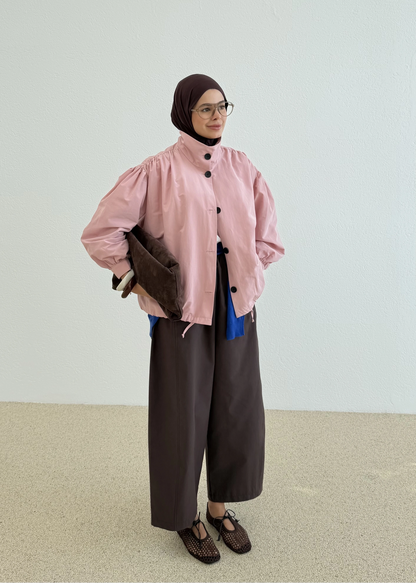 Gathered Stand-Up Collar Bomber Jacket - beige