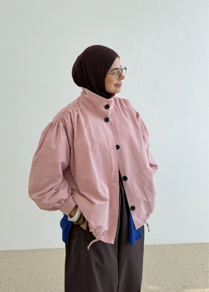 Gathered Stand-Up Collar Bomber Jacket - beige