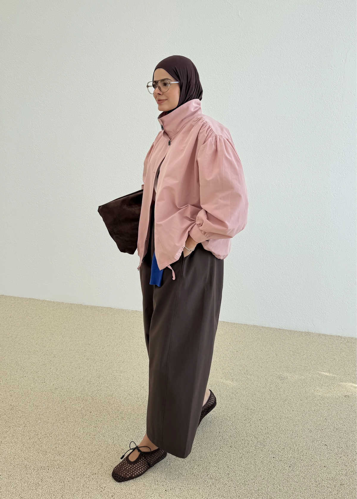 Gathered Stand-Up Collar Bomber Jacket - beige