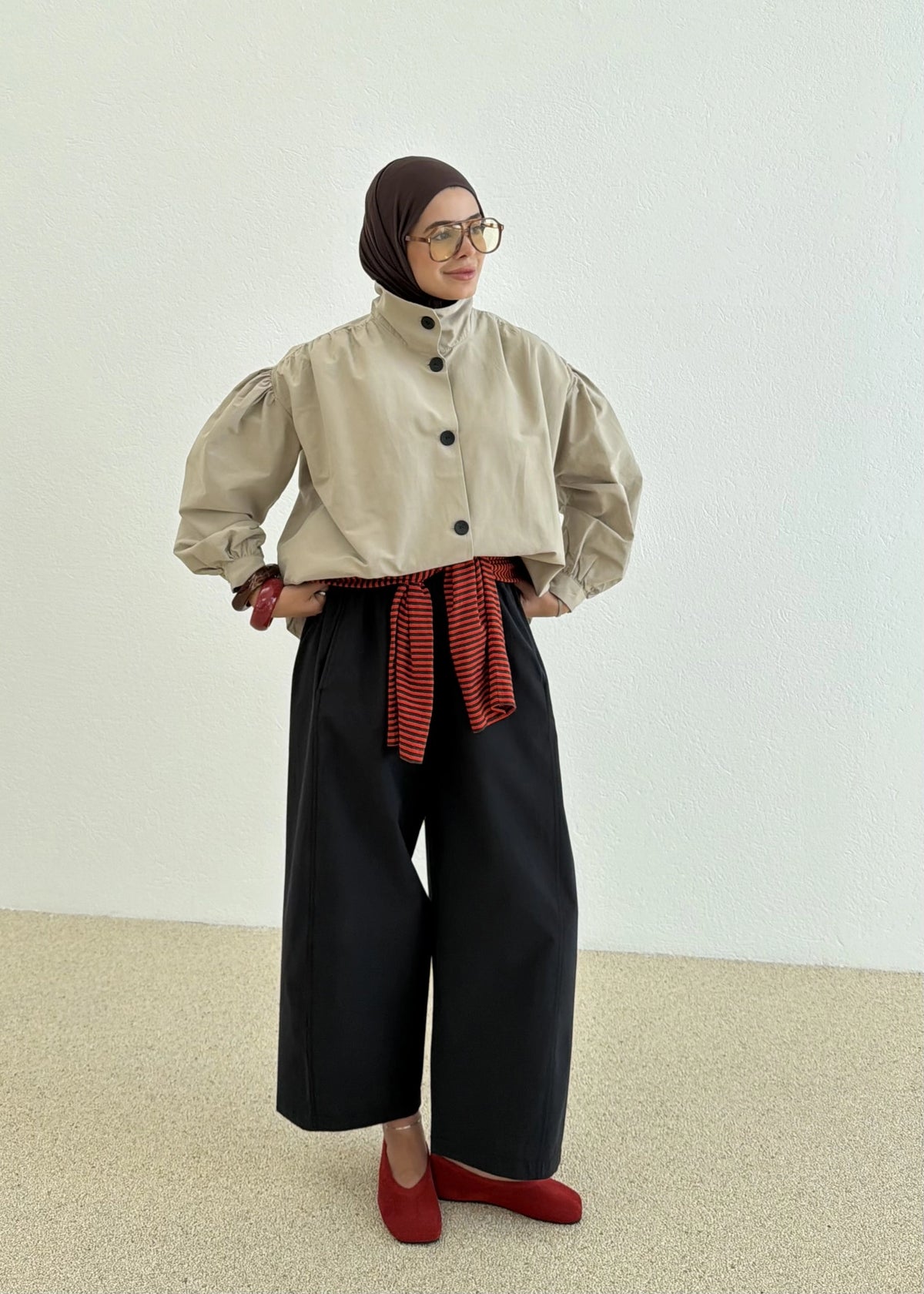 Gathered Stand-Up Collar Bomber Jacket - beige