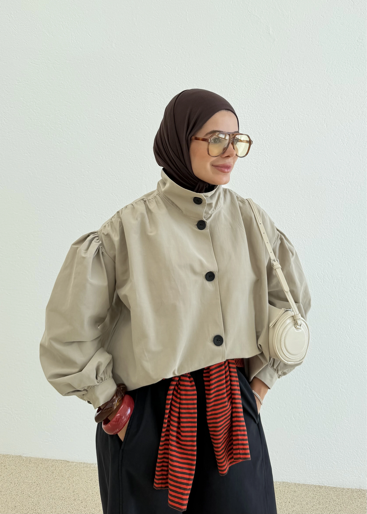 Gathered Stand-Up Collar Bomber Jacket - beige