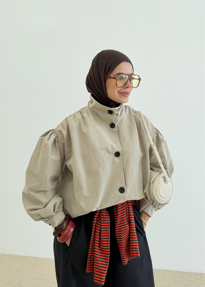 Gathered Stand-Up Collar Bomber Jacket - beige