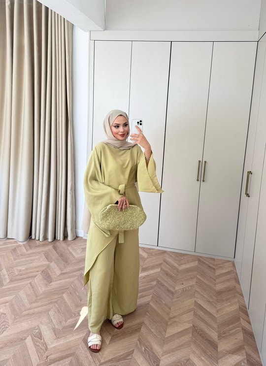 Asymmetric wide sleeve belted top ,waistband wide leg Set - kiwi  GREEN