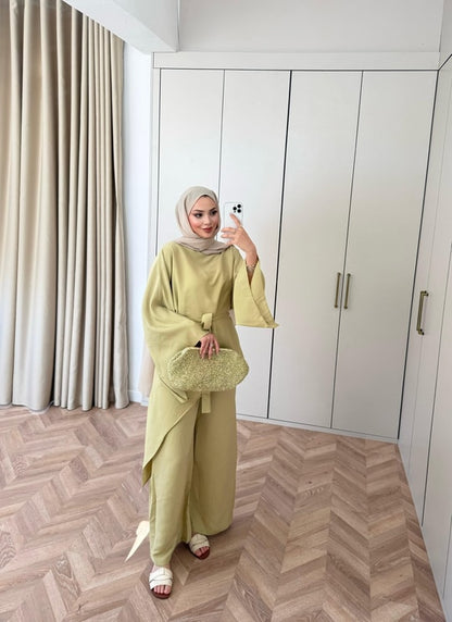 Asymmetric wide sleeve belted top ,waistband wide leg Set - kiwi  GREEN
