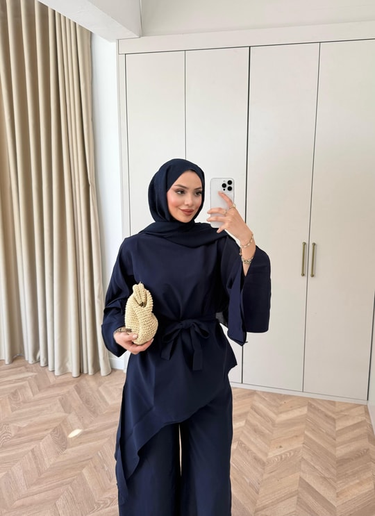 Asymmetric wide sleeve belted top ,waistband wide leg Set - navy blue