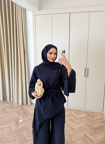 Asymmetric wide sleeve belted top ,waistband wide leg Set - navy blue