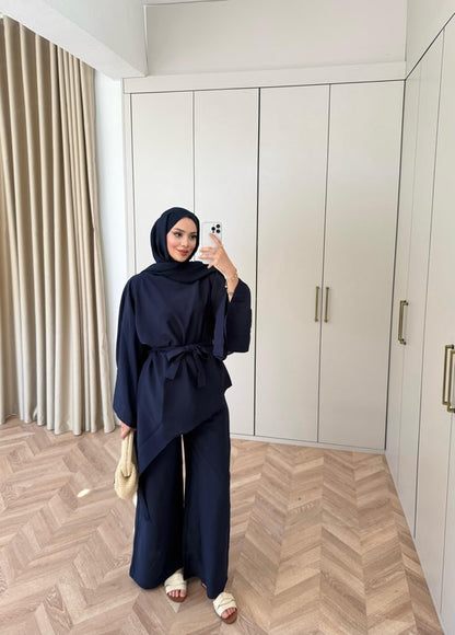 Asymmetric wide sleeve belted top ,waistband wide leg Set - navy blue