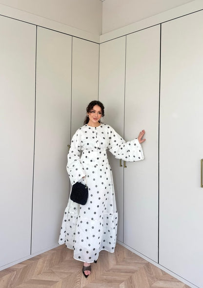 Polka Dot Maxi Skirt Set with a Wide-Sleeve Buttoned Blouse