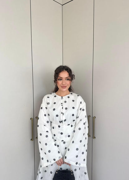 Polka Dot Maxi Skirt Set with a Wide-Sleeve Buttoned Blouse
