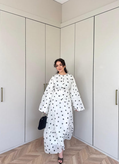 Polka Dot Maxi Skirt Set with a Wide-Sleeve Buttoned Blouse