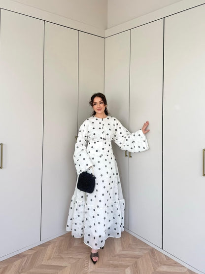 Polka Dot Maxi Skirt Set with a Wide-Sleeve Buttoned Blouse