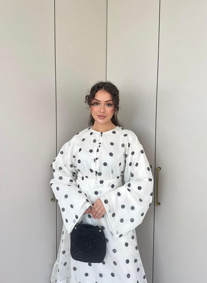 Polka Dot Maxi Skirt Set with a Wide-Sleeve Buttoned Blouse