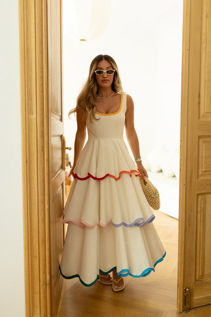 Colorful Trimmed Layered Ecru Dress ( Restock 6th of August)