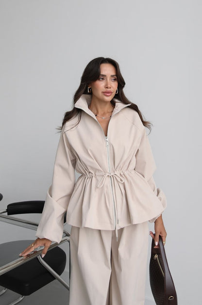 Waist drawstring jacket co-ord set - beige