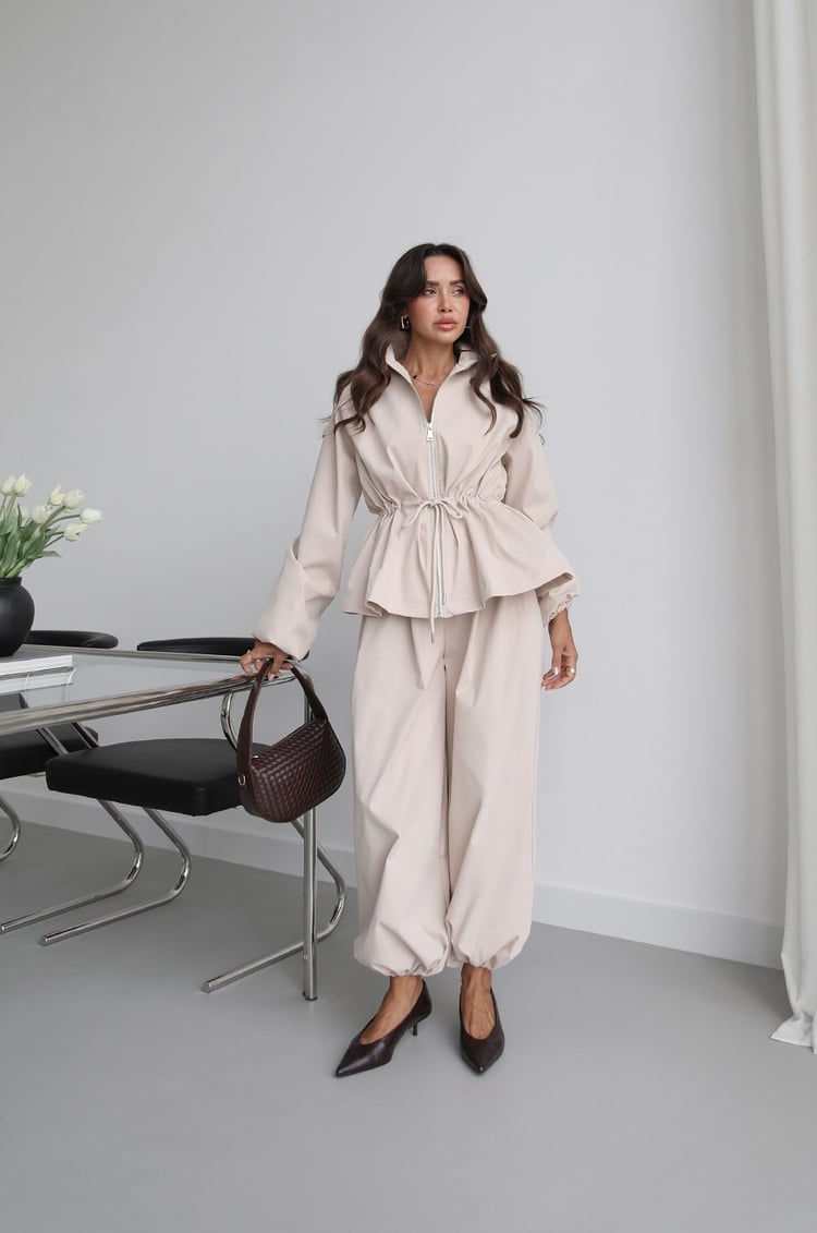 Waist drawstring jacket co-ord set - beige
