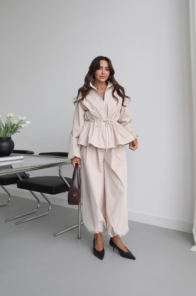 Waist drawstring jacket co-ord set - beige