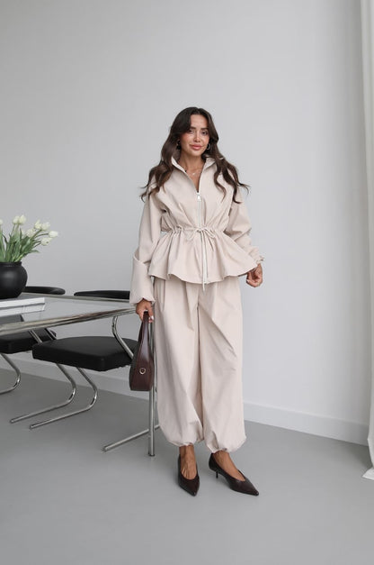 Waist drawstring jacket co-ord set - beige