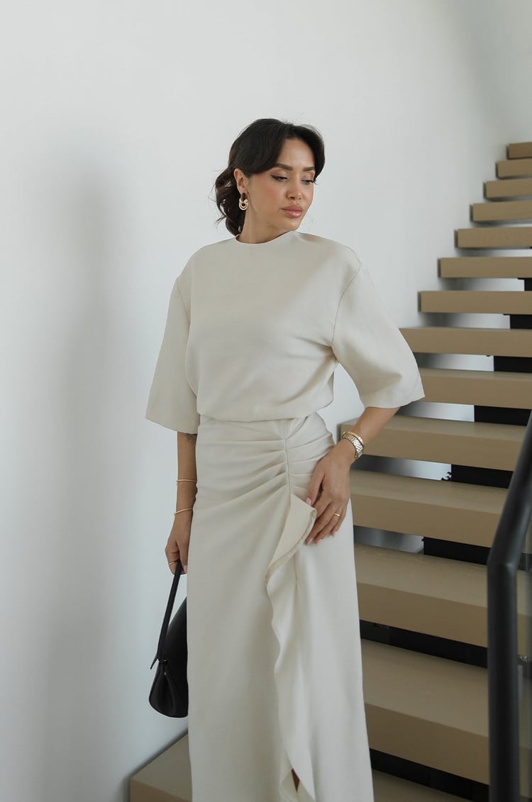 Zr model morley dress with side ruffle details