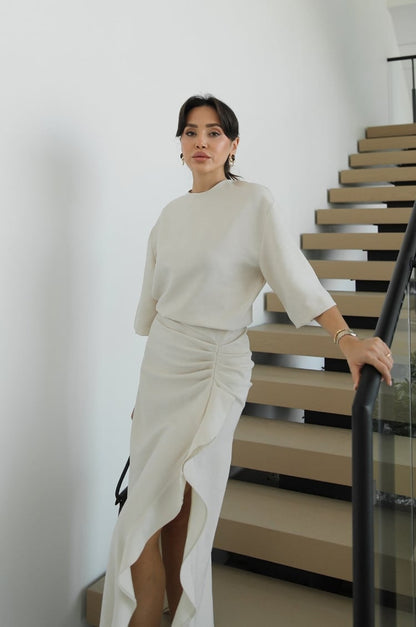Zr model morley dress with side ruffle details