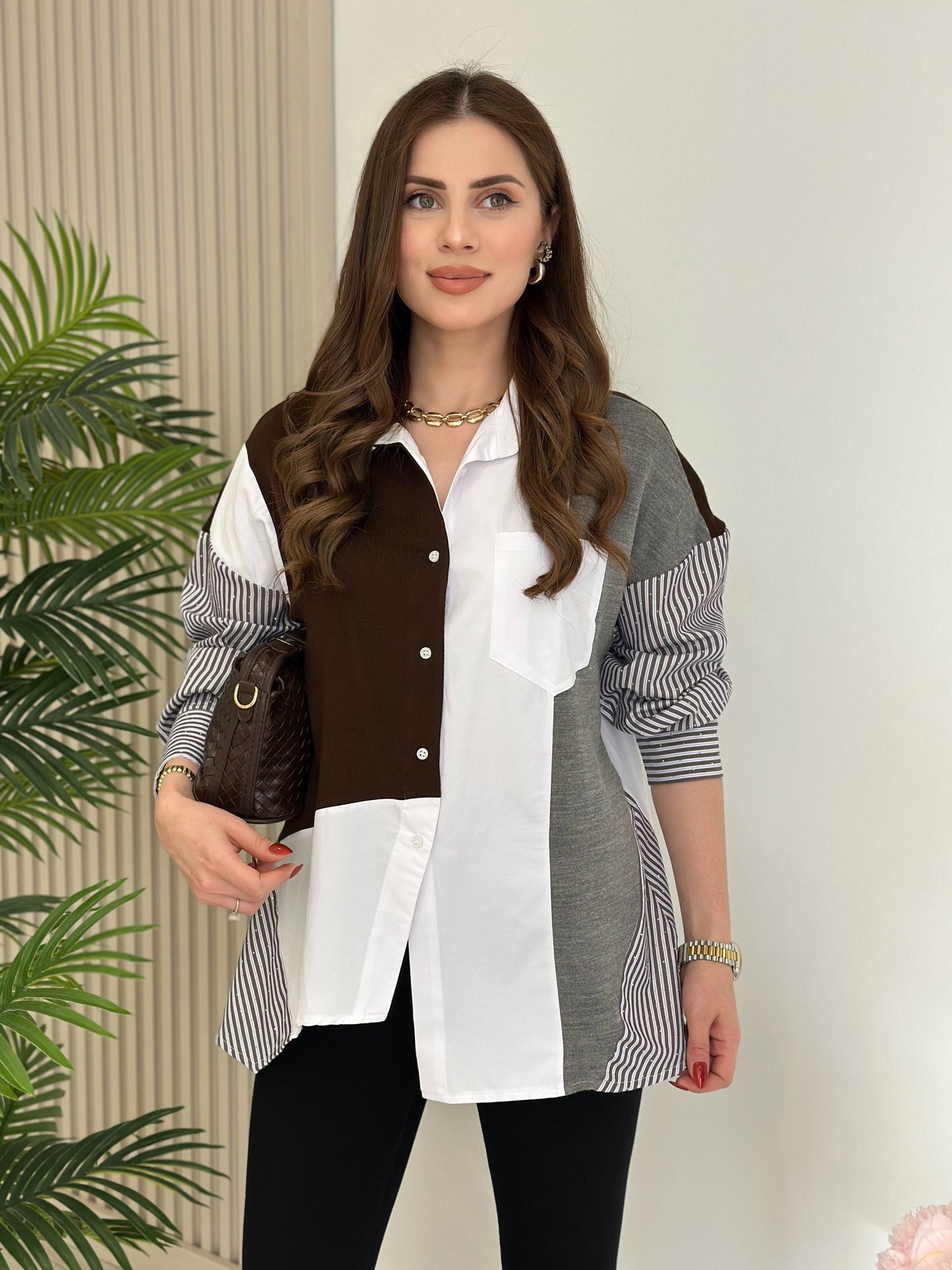 Women’s Color Block Button-Up Shirt – Oversized Patchwork Design with Striped Sleeves - brown