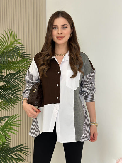 Women’s Color Block Button-Up Shirt – Oversized Patchwork Design with Striped Sleeves - brown