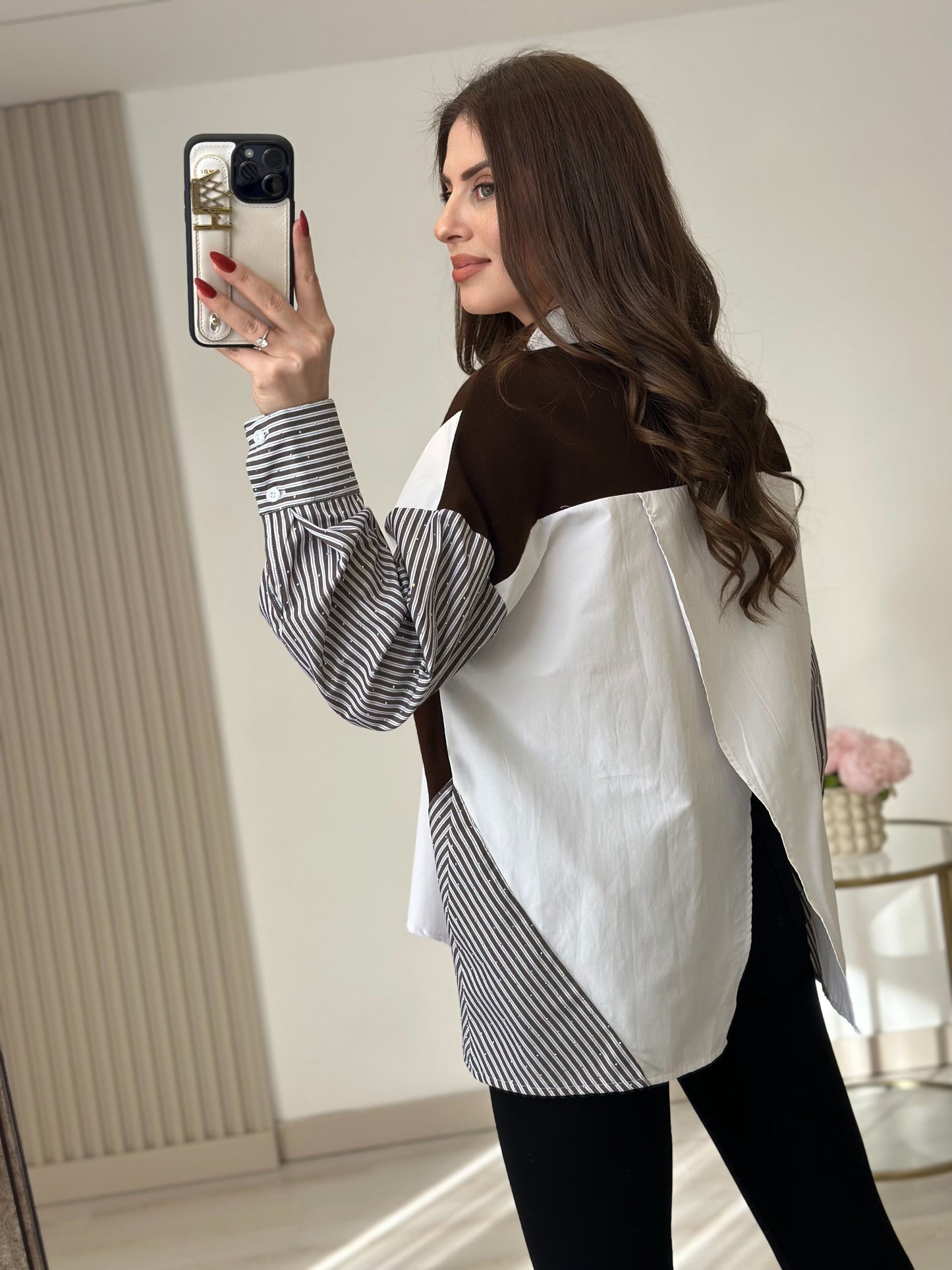 Women’s Color Block Button-Up Shirt – Oversized Patchwork Design with Striped Sleeves - brown