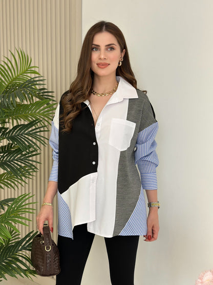 Color Block oversized shirt Patchwork Design with Striped Sleeves - black