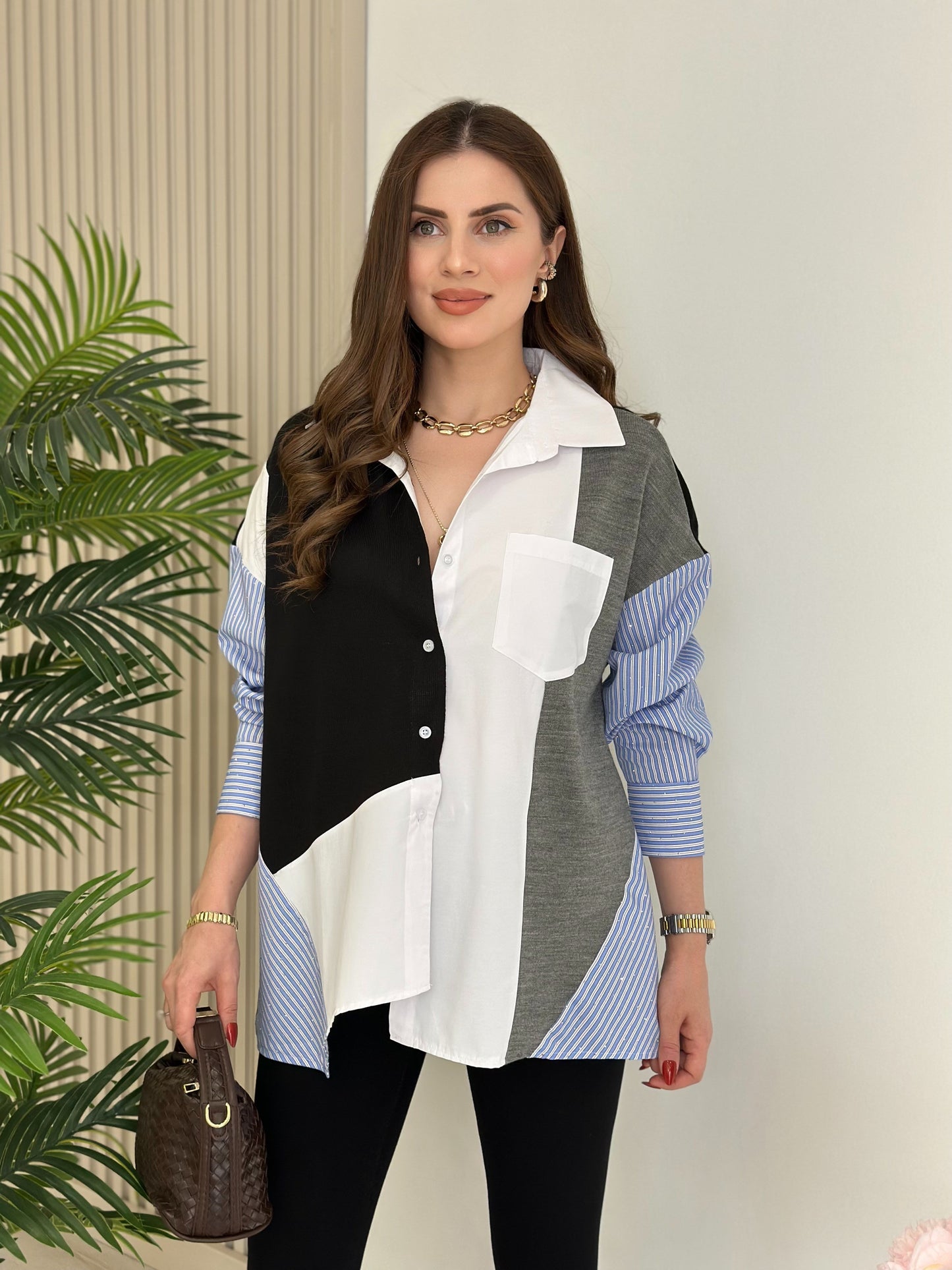 Color Block oversized shirt Patchwork Design with Striped Sleeves - black
