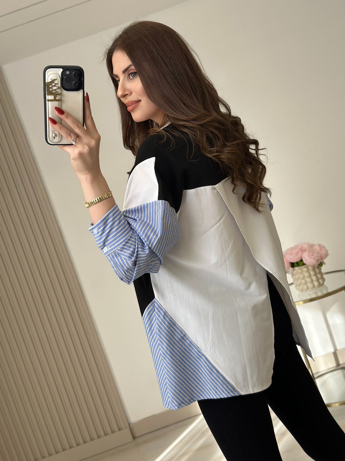 Color Block oversized shirt Patchwork Design with Striped Sleeves - black