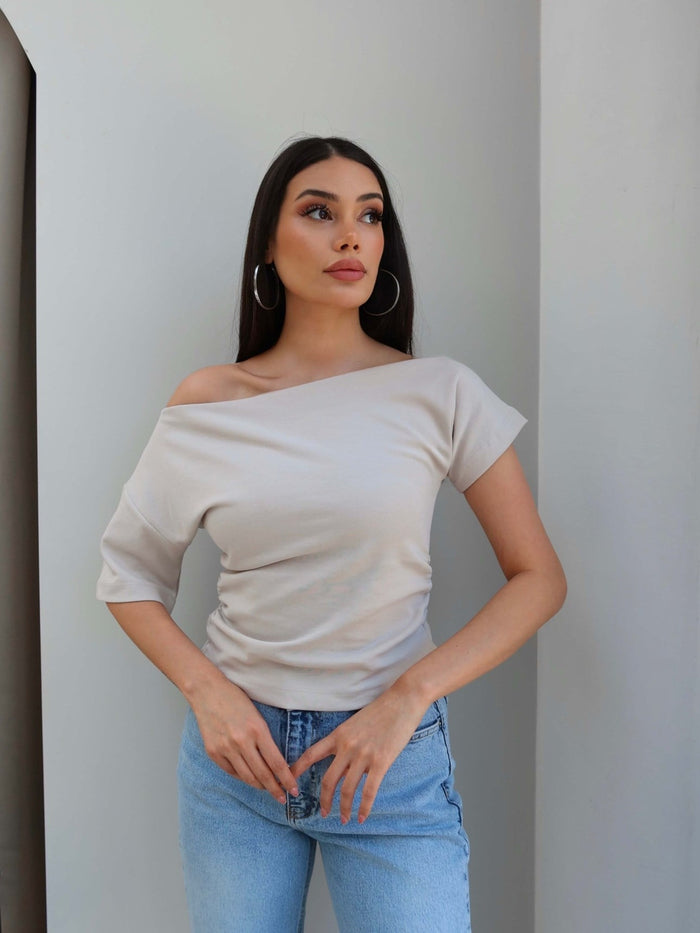 One-Shoulder Blouse with Side Gathering