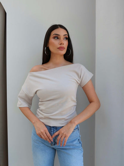 One-Shoulder Blouse with Side Gathering