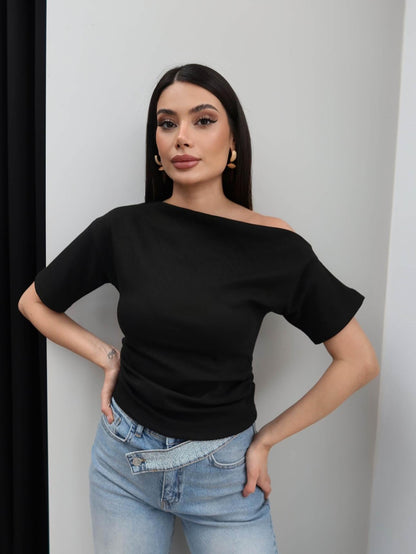 One-Shoulder Blouse with Side Gathering